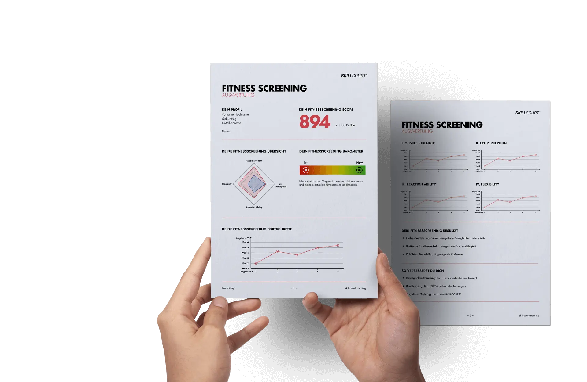 Hands-Holding-Flyer-Mockup Hand hält eine Vorschau der gedruckten Auswertung des Fitness Screenings